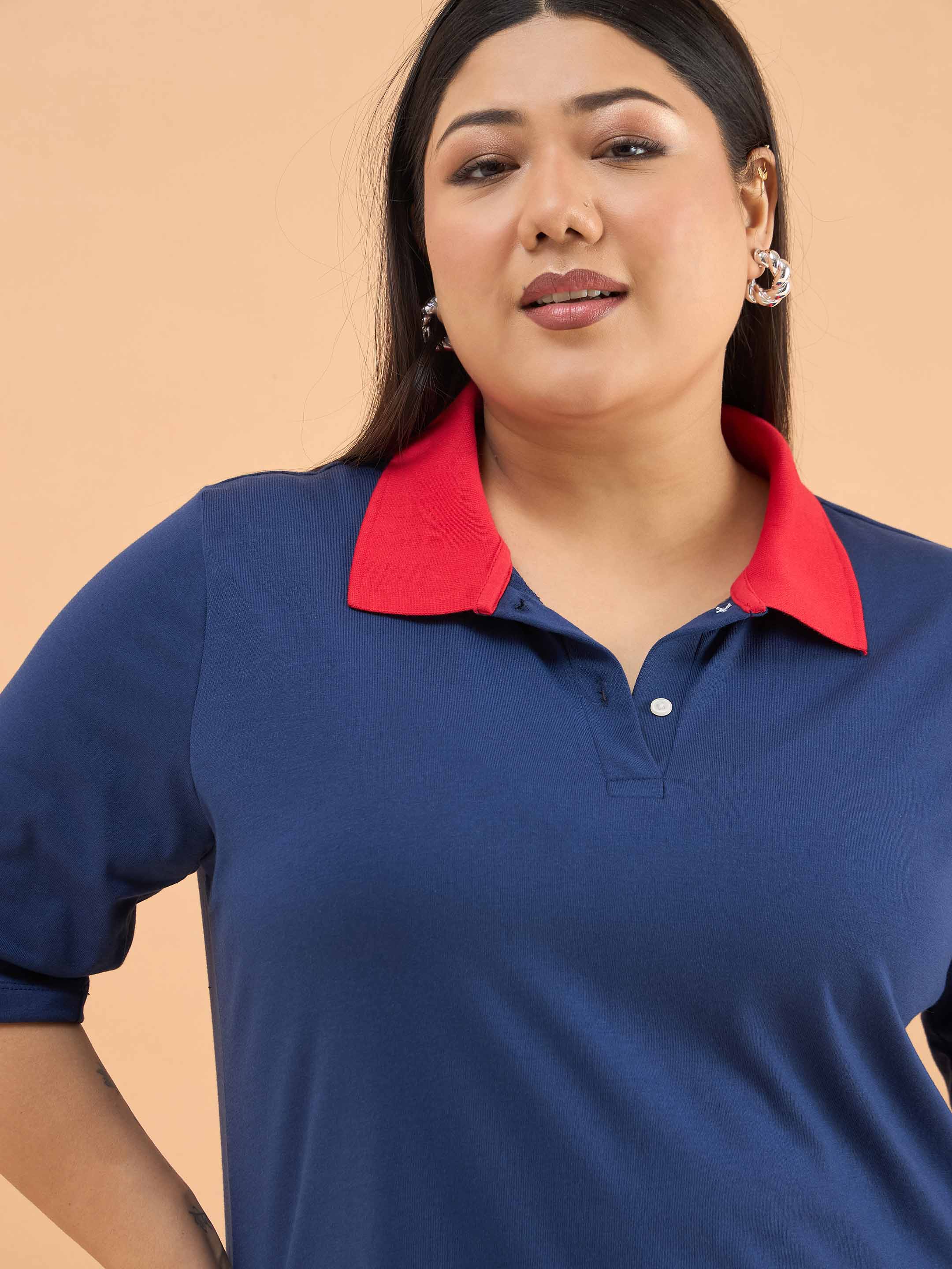 Women Navy Polo Neck Side Slit Midi Dress