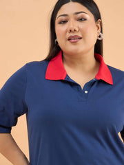 Women Navy Polo Neck Side Slit Midi Dress