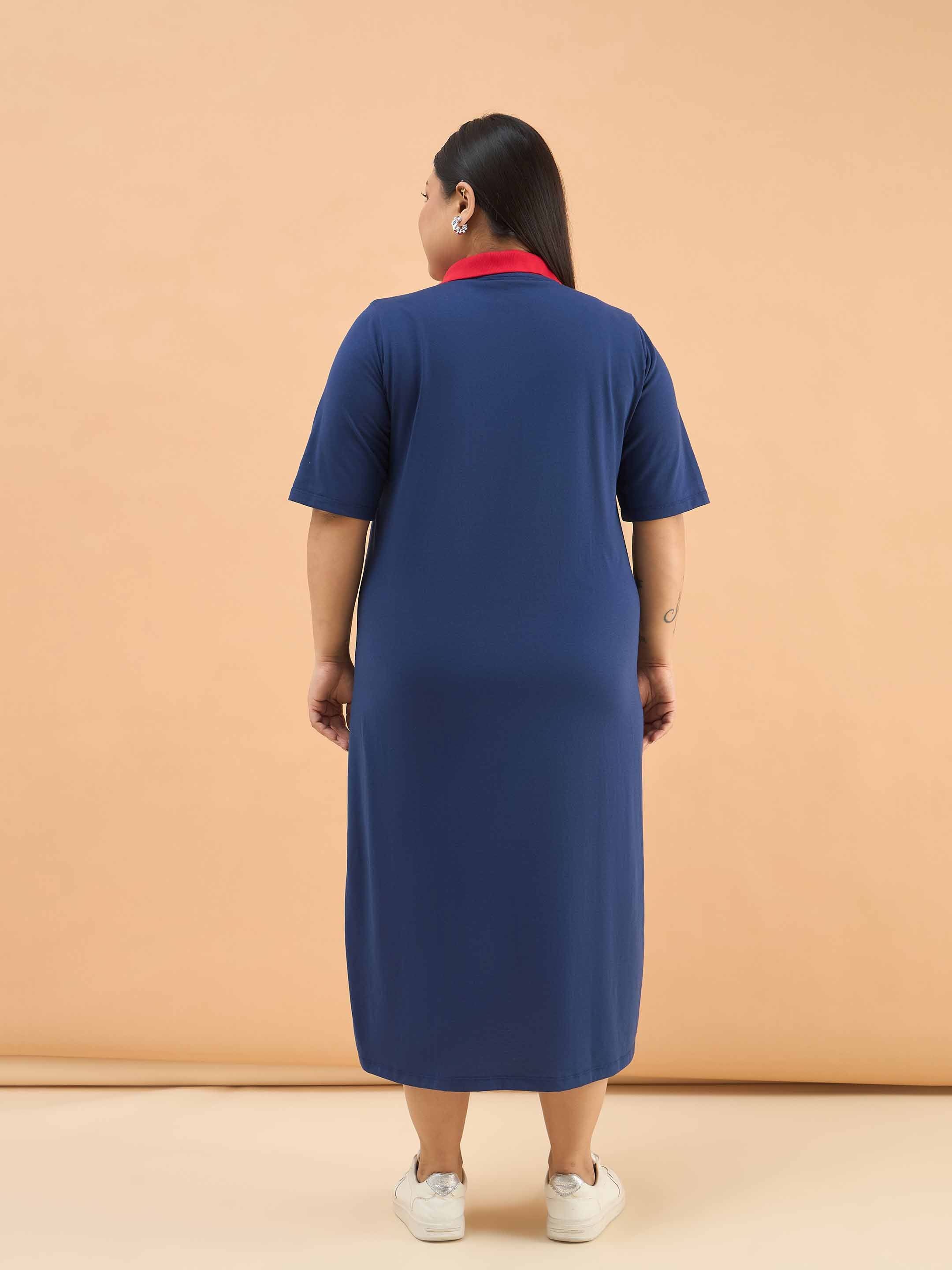Women Navy Polo Neck Side Slit Midi Dress