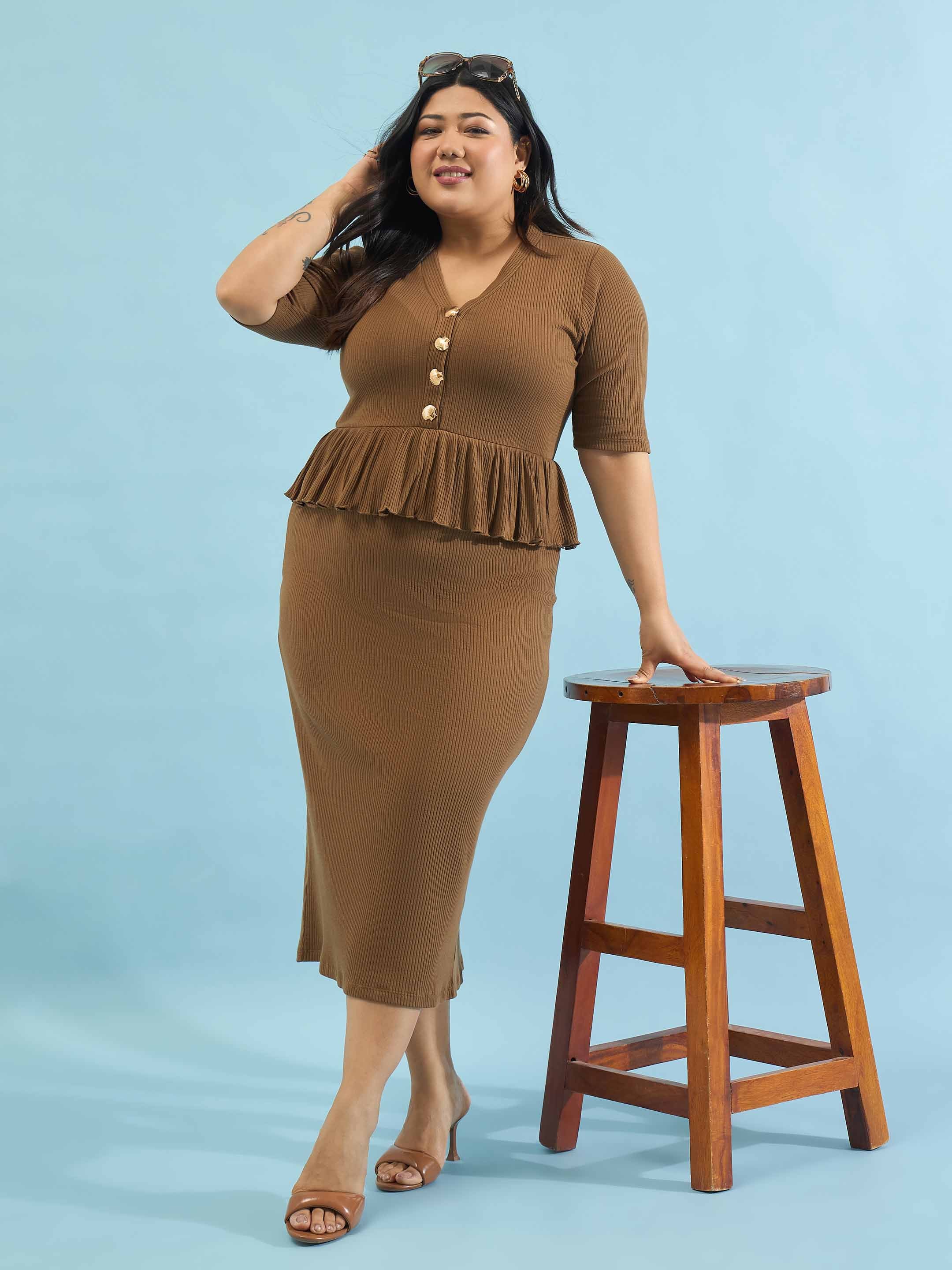 Women Brown Rib Front Peplum Bodycon Midi Dress