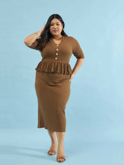Women Brown Rib Front Peplum Bodycon Midi Dress