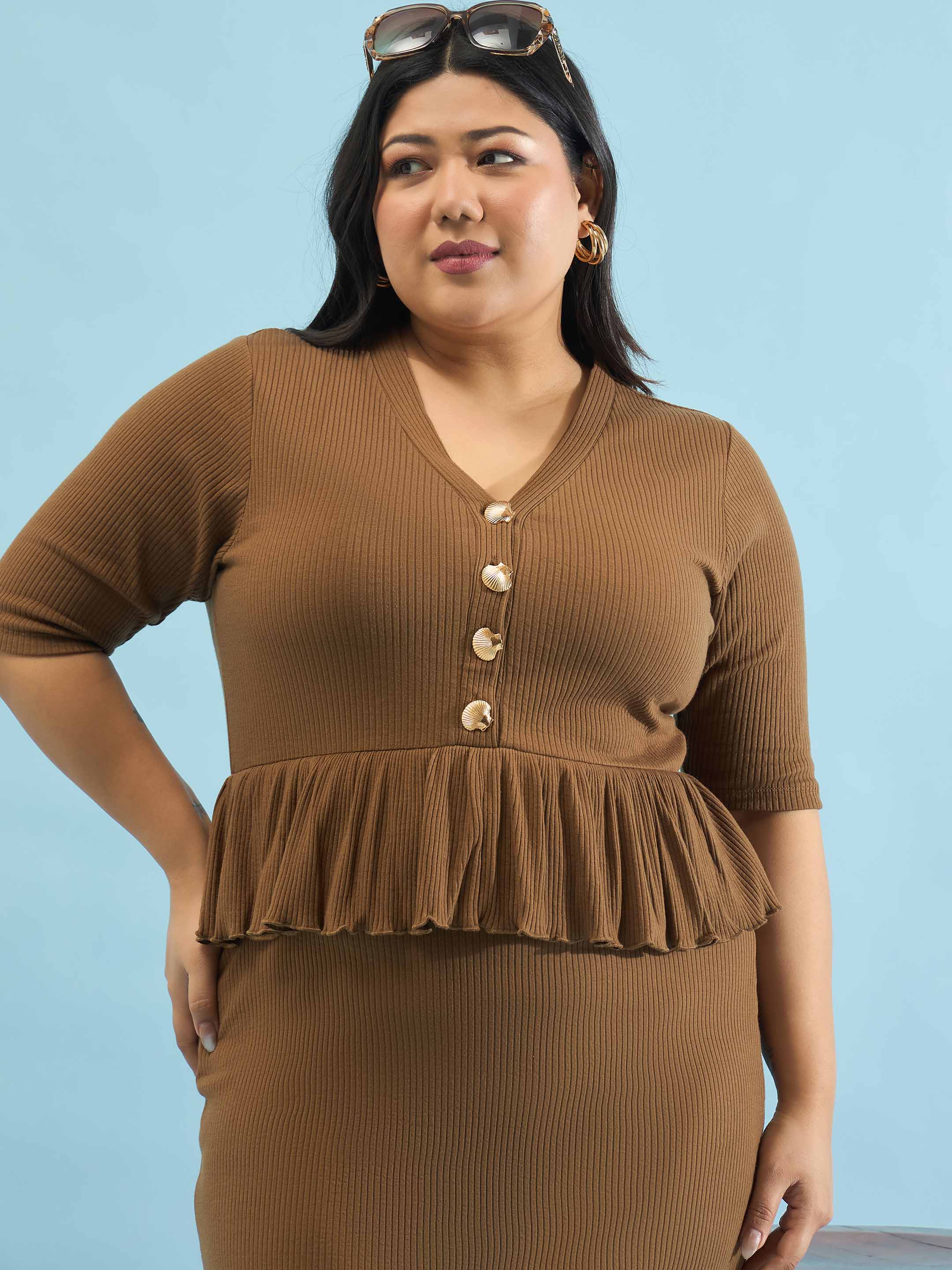 Women Brown Rib Front Peplum Bodycon Midi Dress