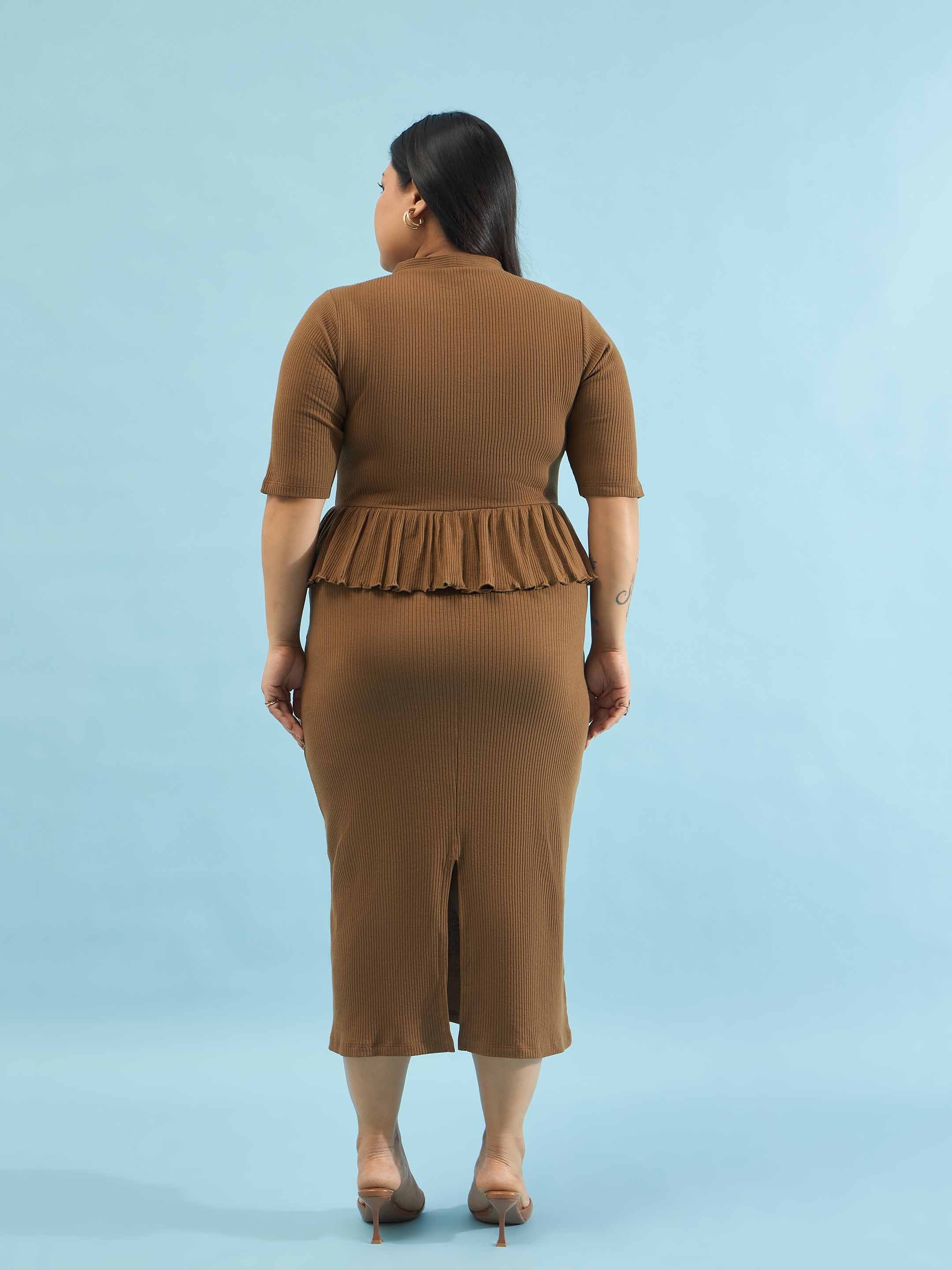Women Brown Rib Front Peplum Bodycon Midi Dress