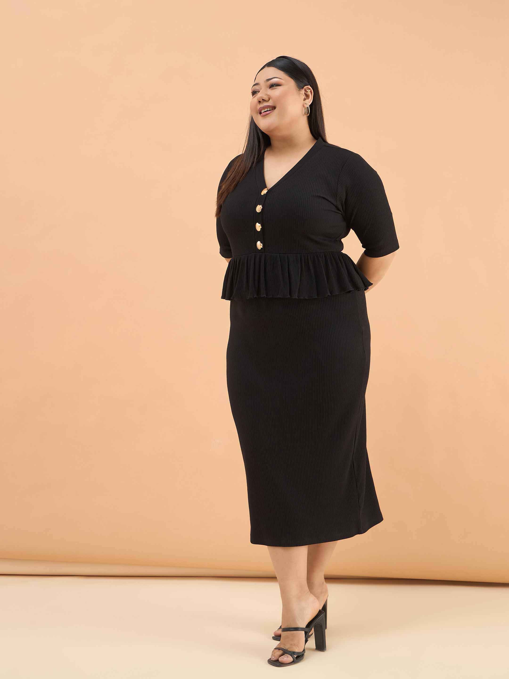 Women Black Rib Front Peplum Bodycon Midi Dress
