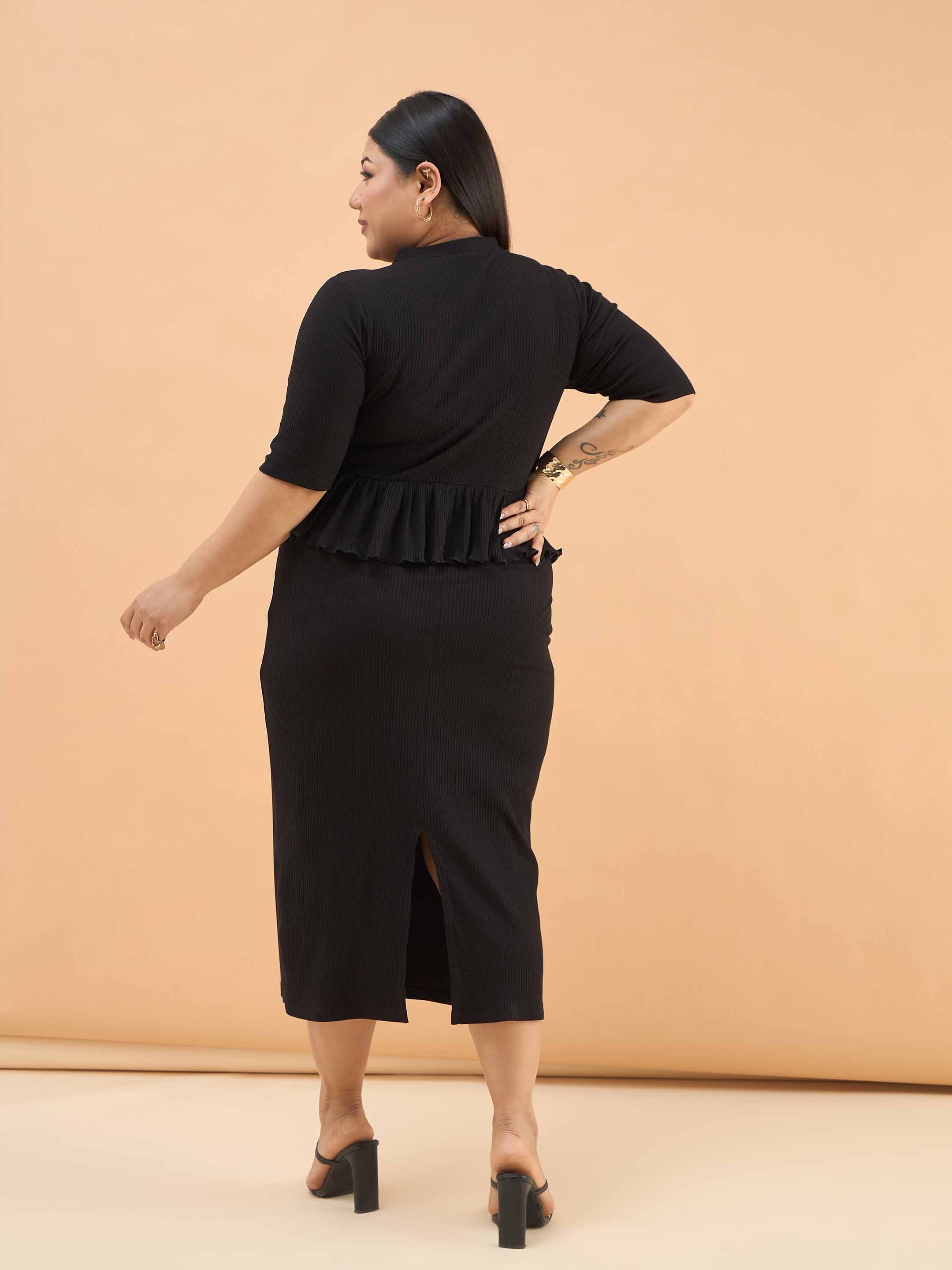 Women Black Rib Front Peplum Bodycon Midi Dress