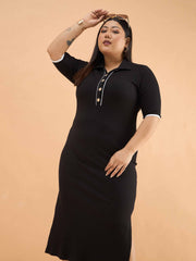 Women Black Rib Polo Neck Side Slit Midi Dress