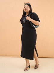Women Black Rib Polo Neck Side Slit Midi Dress