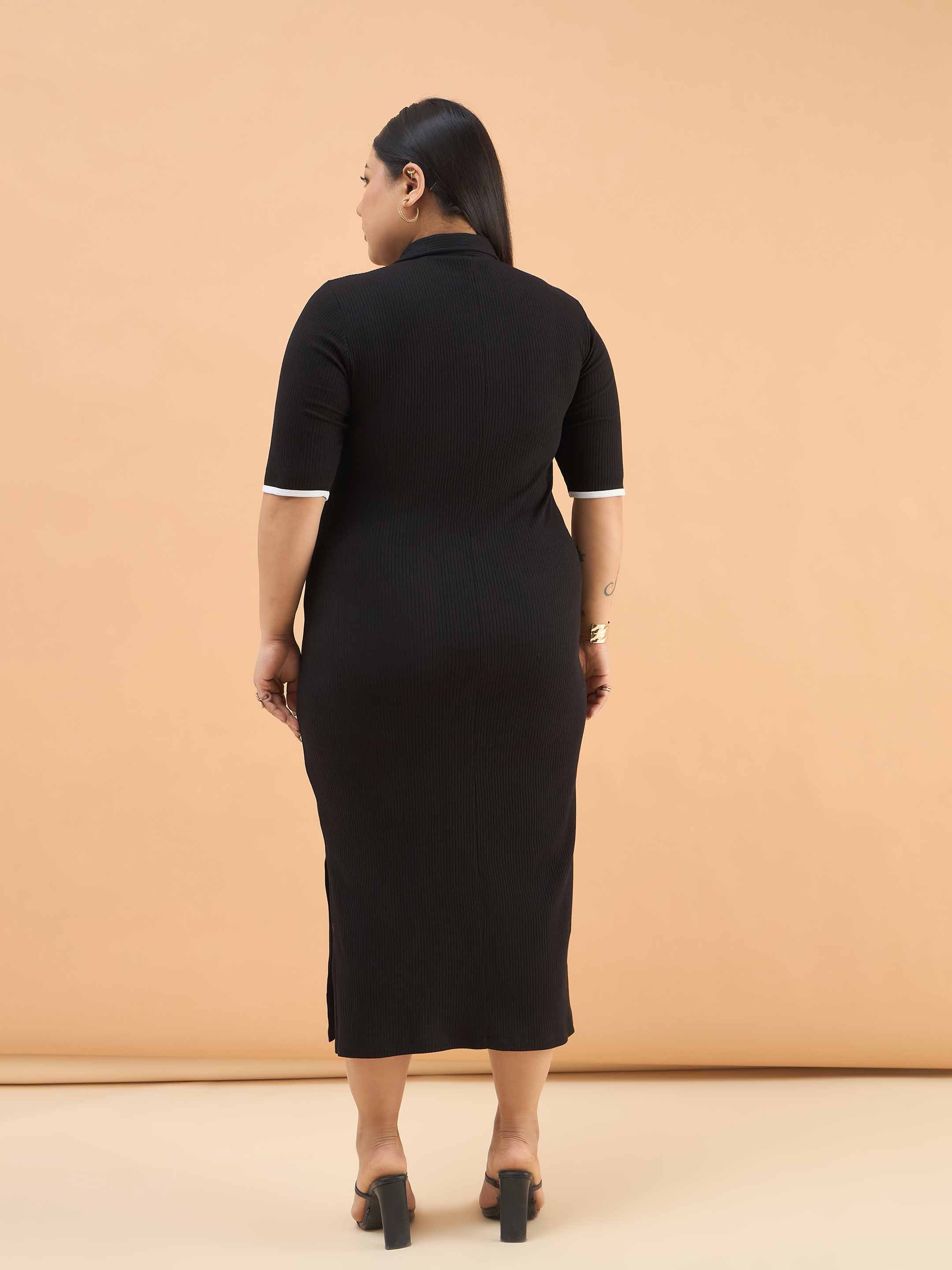 Women Black Rib Polo Neck Side Slit Midi Dress