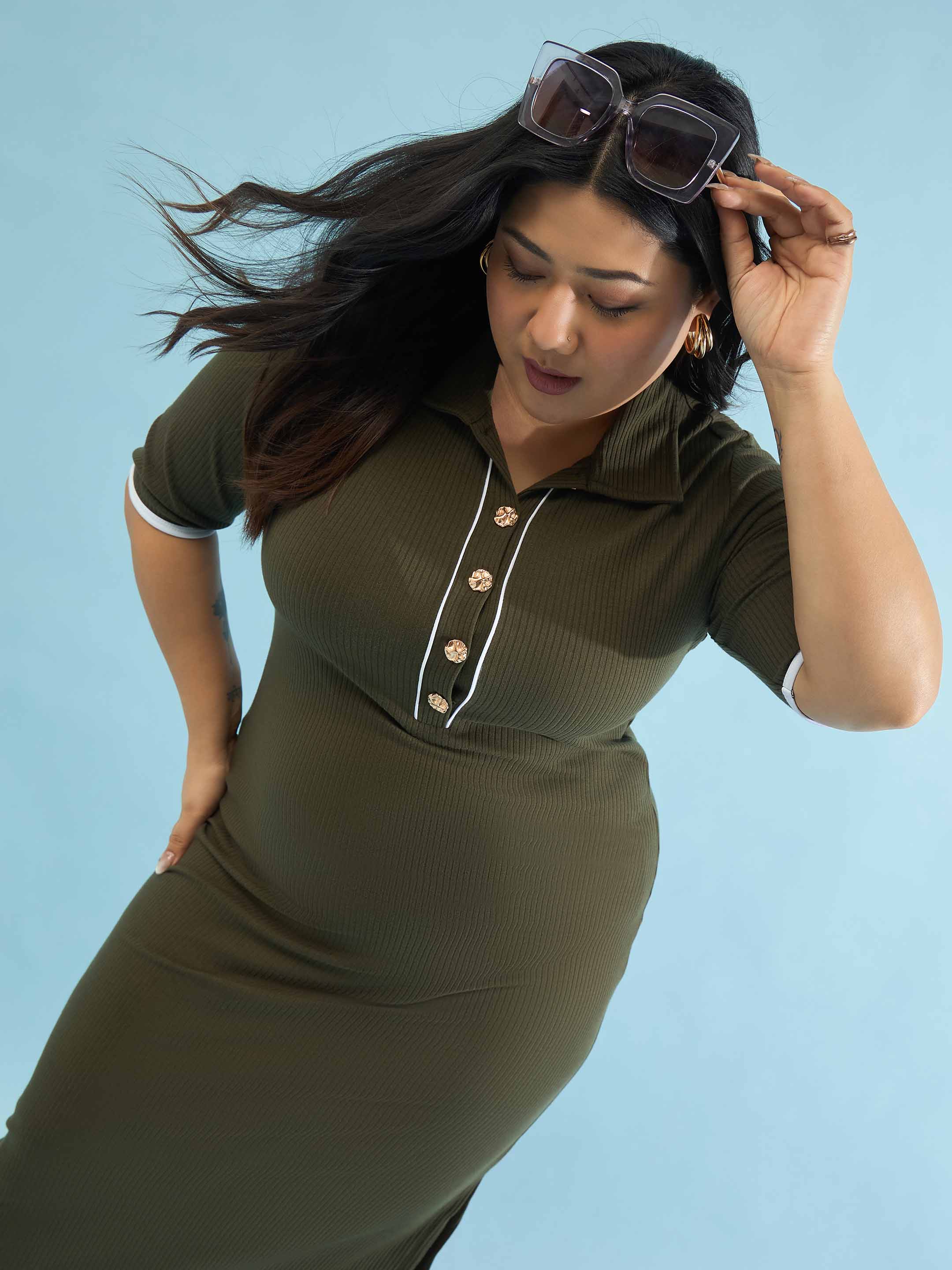 Women Olive Rib Polo Neck Side Slit Midi Dress