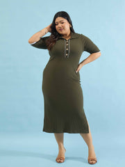 Women Olive Rib Polo Neck Side Slit Midi Dress