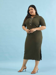 Women Olive Rib Polo Neck Side Slit Midi Dress