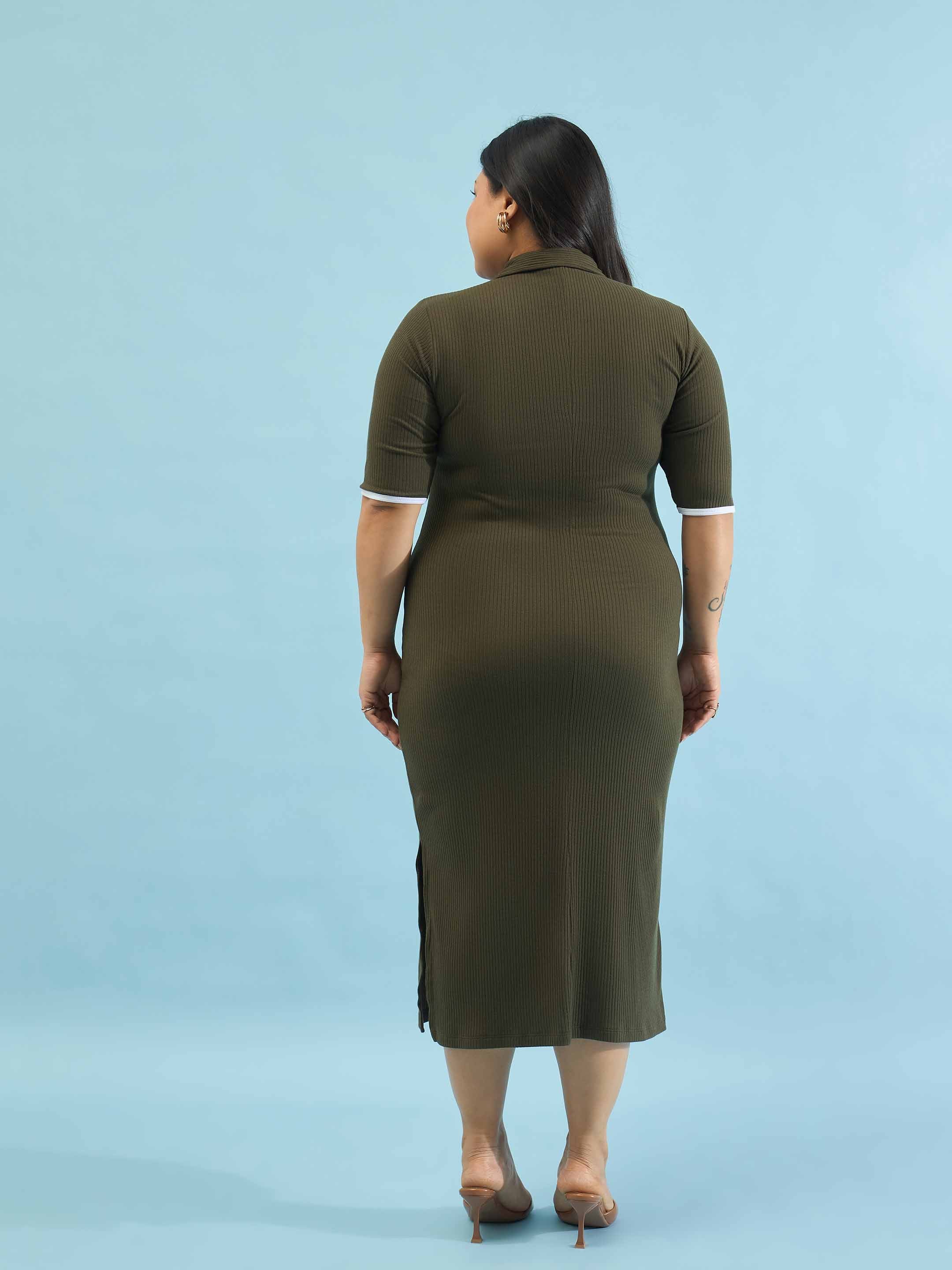 Women Olive Rib Polo Neck Side Slit Midi Dress