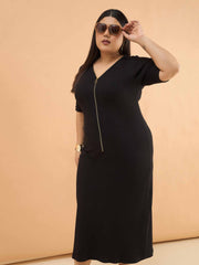 Women Black Rib Front Zipper Midi Dress