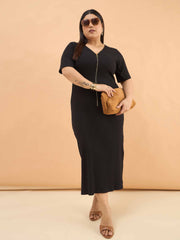 Women Black Rib Front Zipper Midi Dress