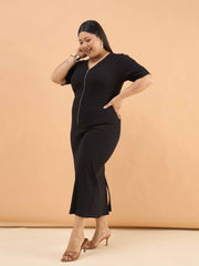 Women Black Rib Front Zipper Midi Dress