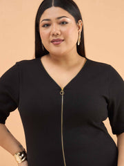 Women Black Rib Front Zipper Midi Dress