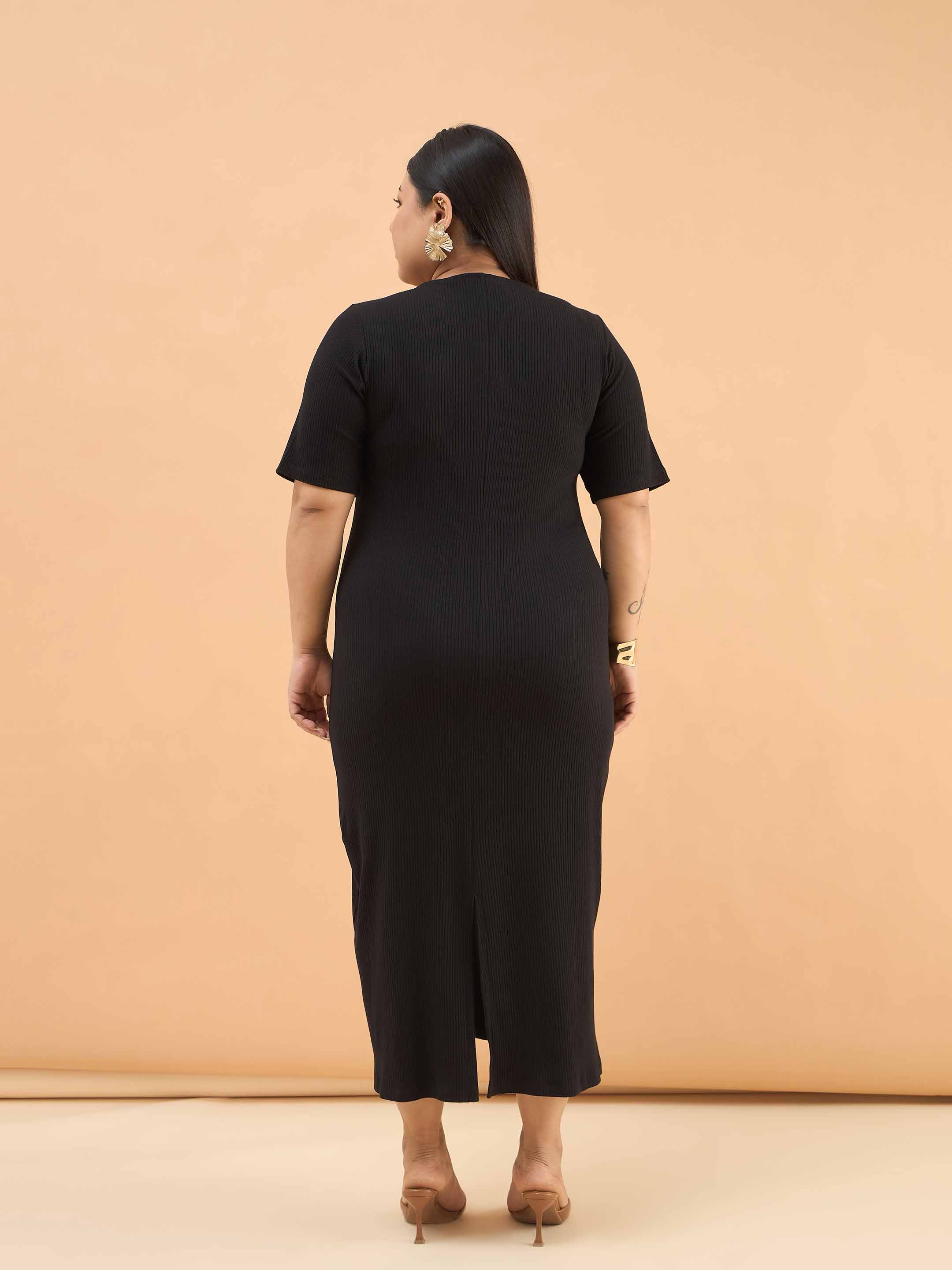Women Black Rib Front Zipper Midi Dress