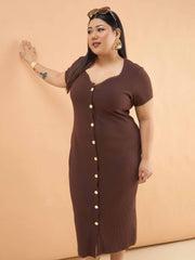 Women Brown Rib Button Down Midi Dress