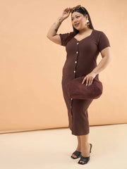 Women Brown Rib Button Down Midi Dress