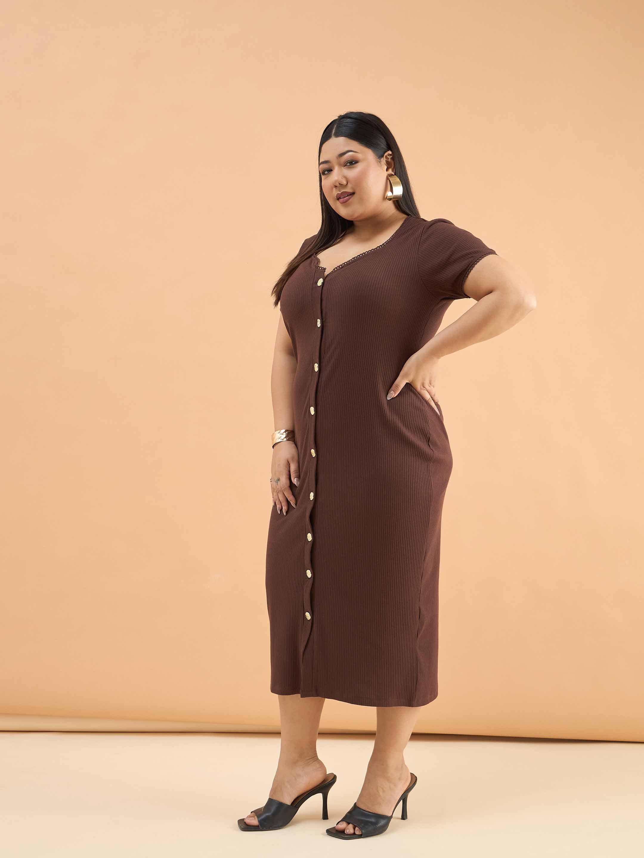 Women Brown Rib Button Down Midi Dress