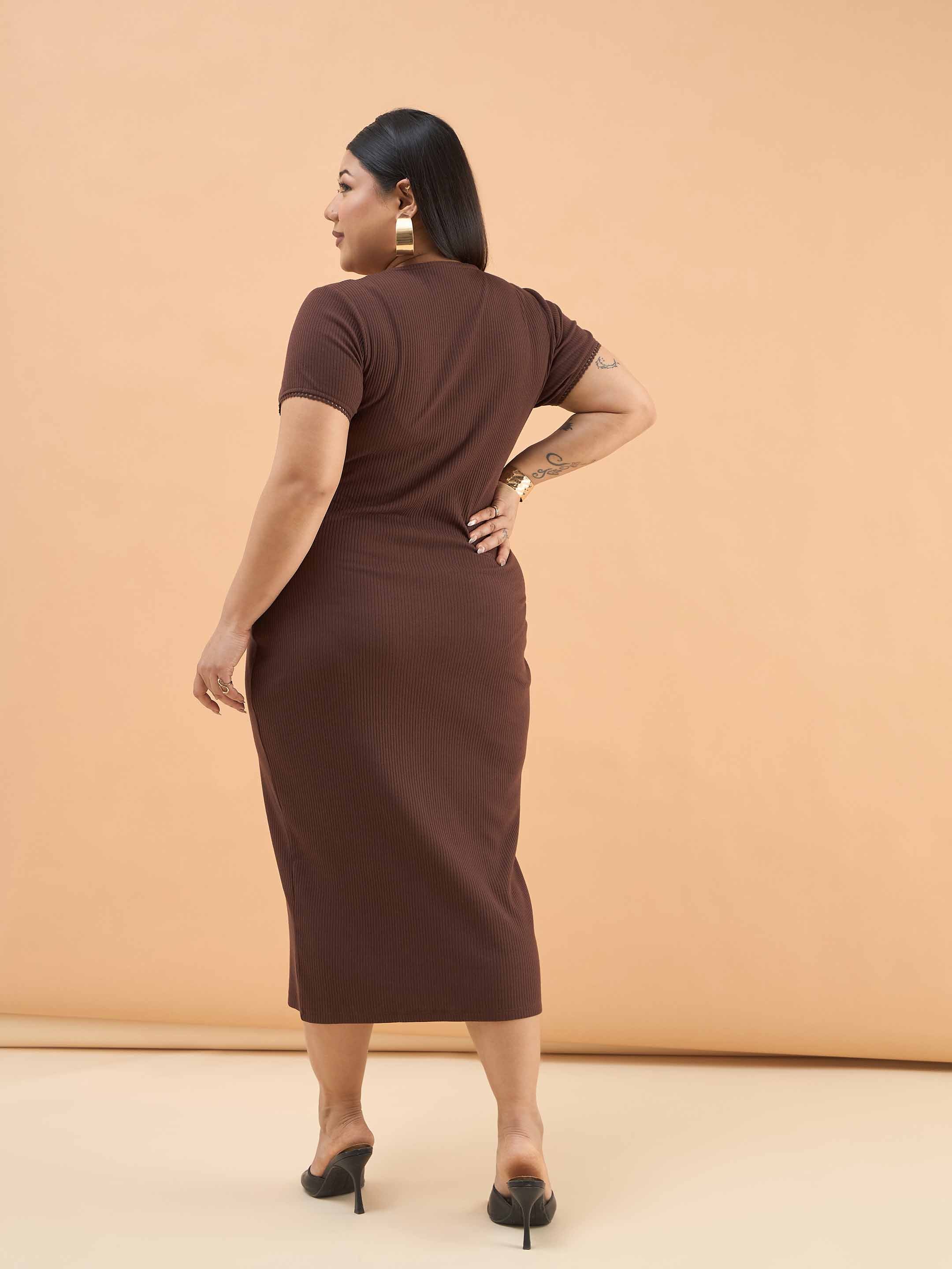 Women Brown Rib Button Down Midi Dress