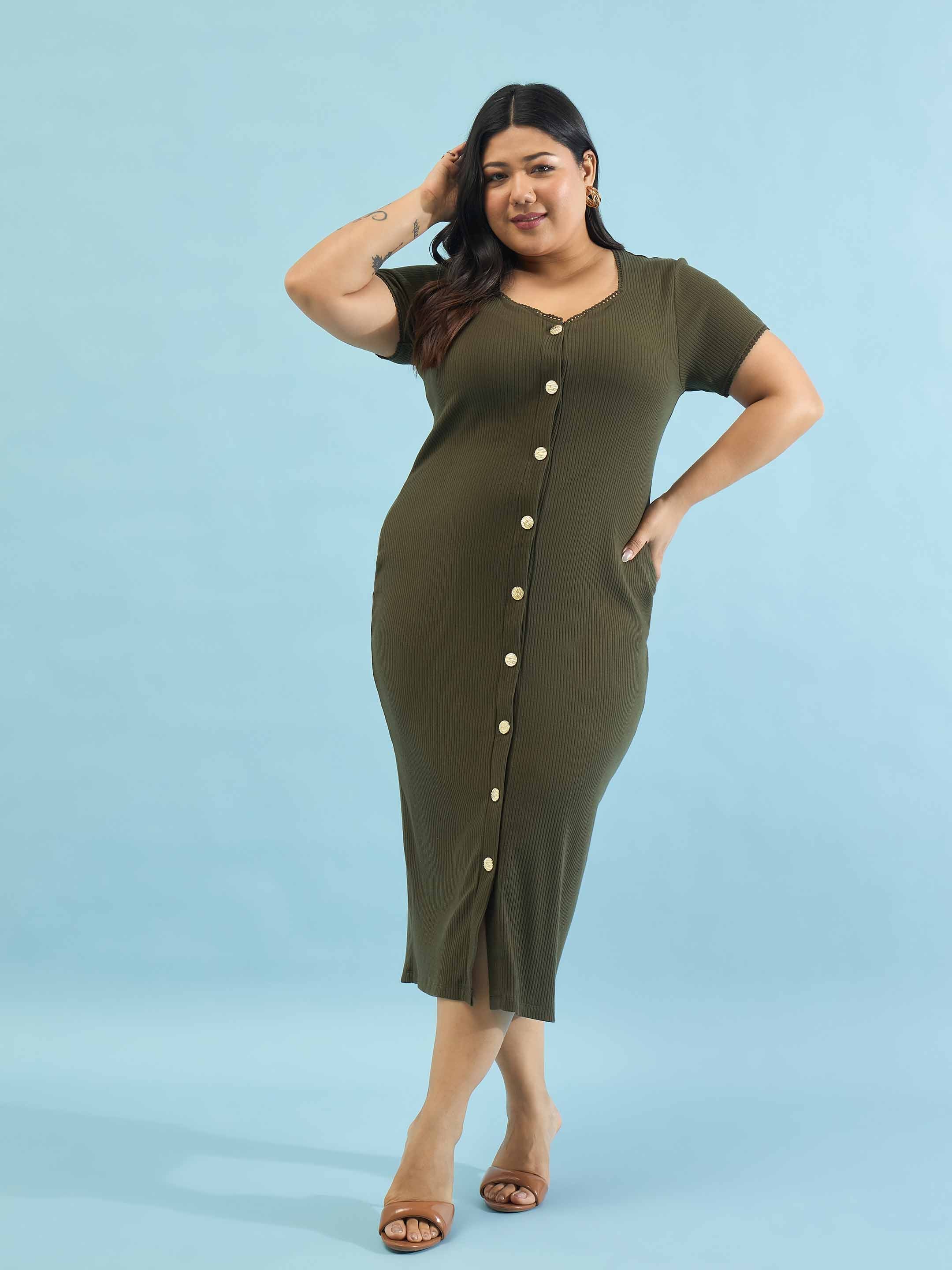 Women Olive Rib Button Down Midi Dress