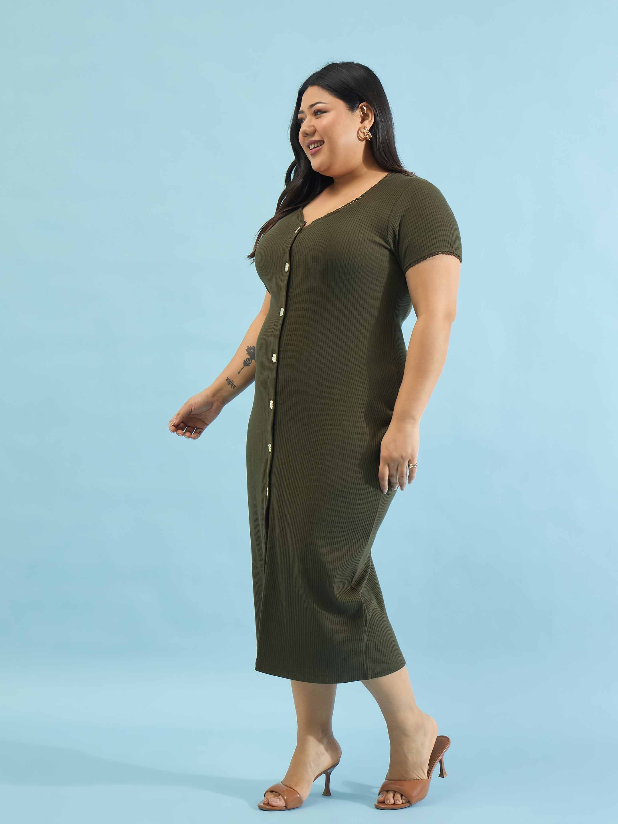 Women Olive Rib Button Down Midi Dress
