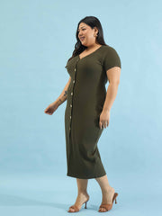 Women Olive Rib Button Down Midi Dress