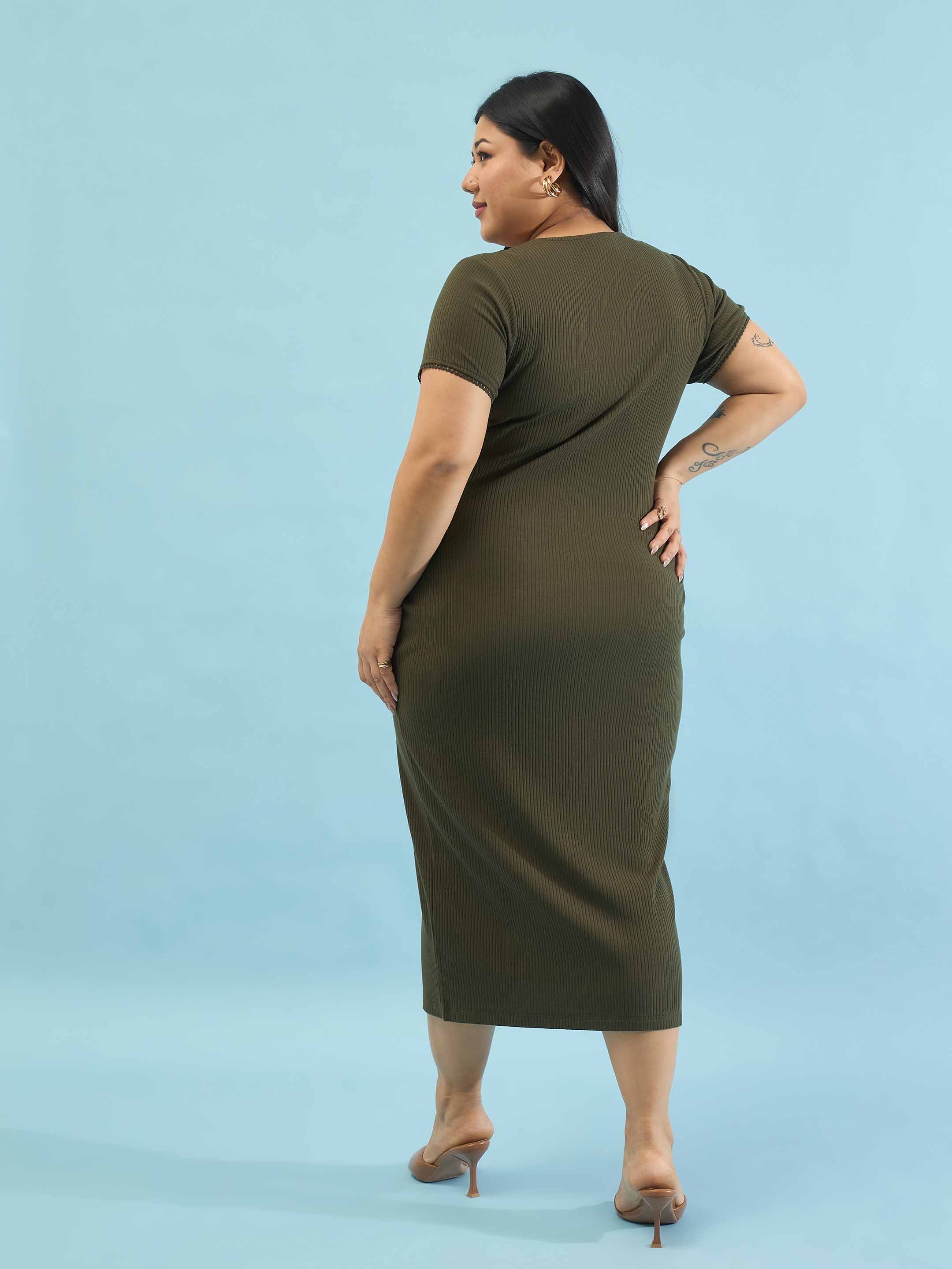 Women Olive Rib Button Down Midi Dress
