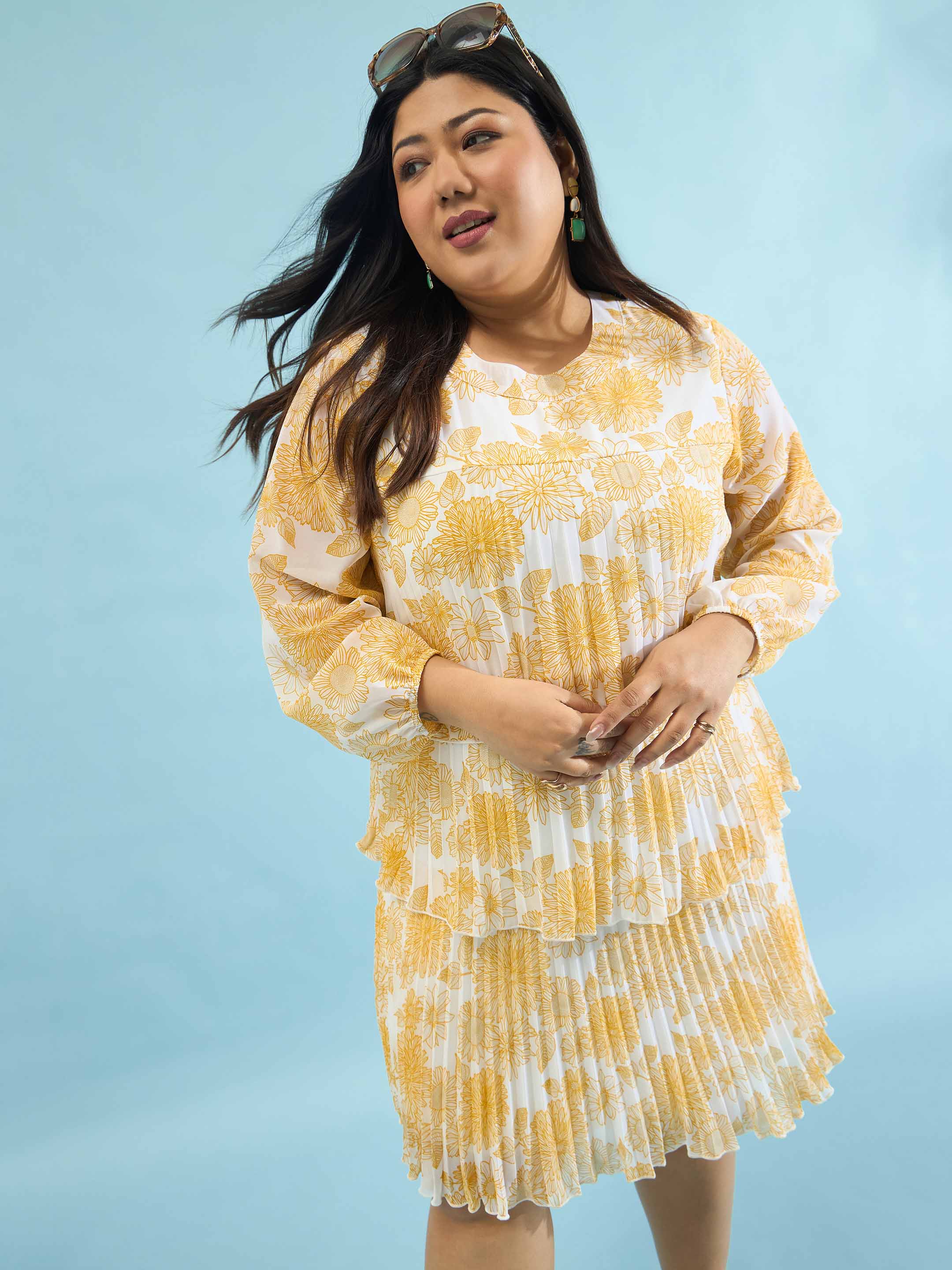 Women Yellow Floral Pleated Skater Tiered Dress