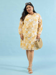 Women Yellow Floral Pleated Skater Tiered Dress