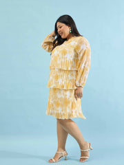 Women Yellow Floral Pleated Skater Tiered Dress