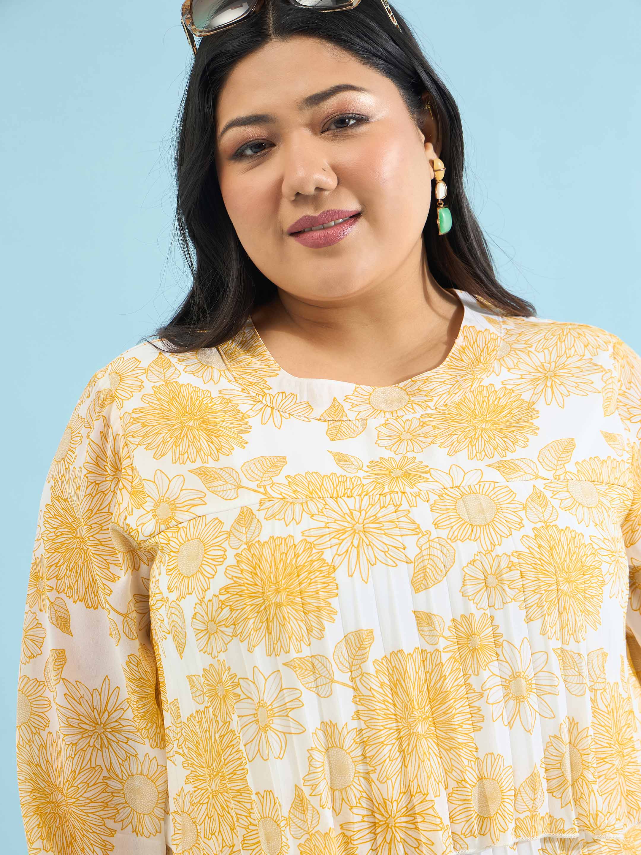 Women Yellow Floral Pleated Skater Tiered Dress