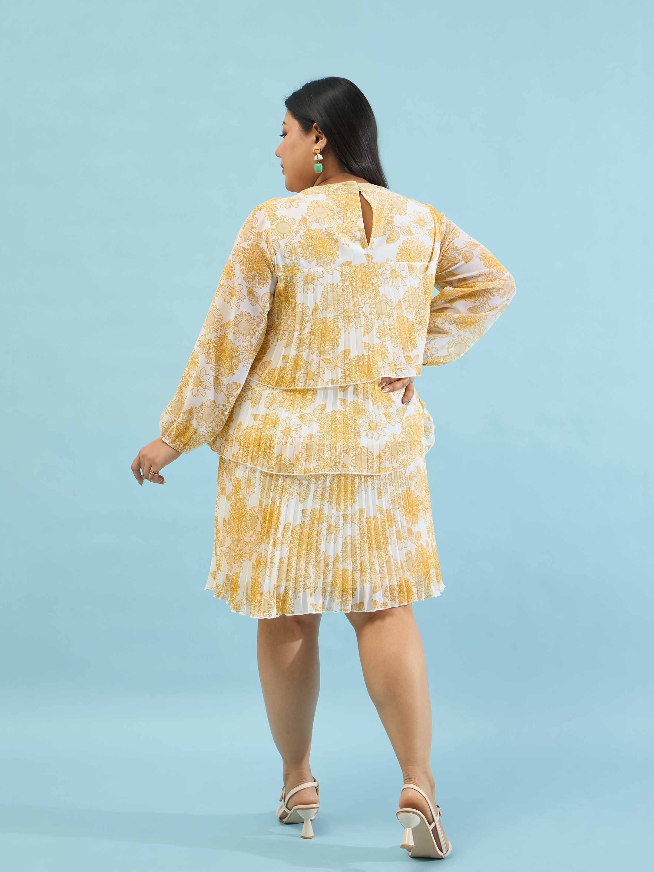 Women Yellow Floral Pleated Skater Tiered Dress