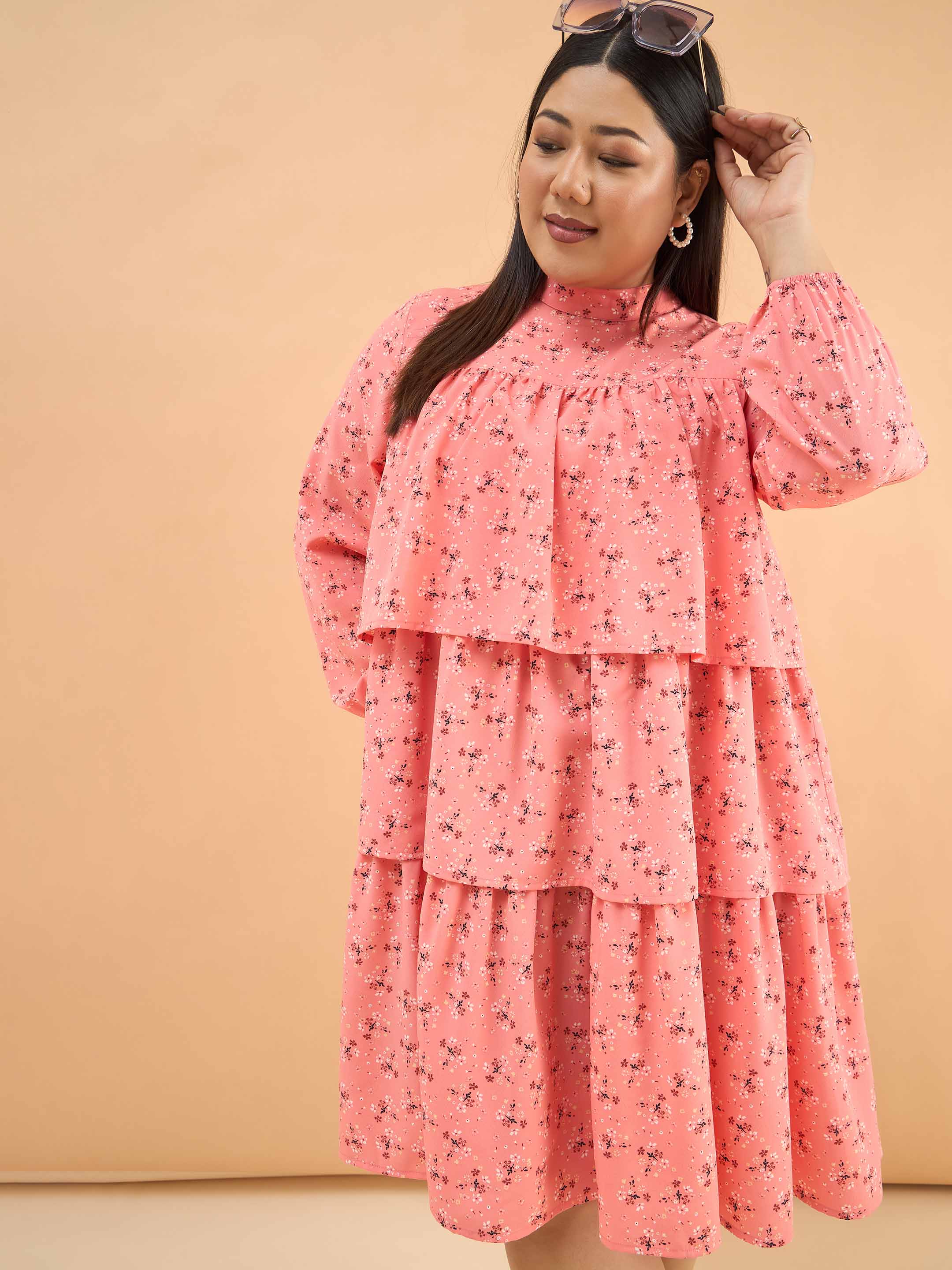 Women Peach Ditsy Floral Pleated Skater Tiered Dress