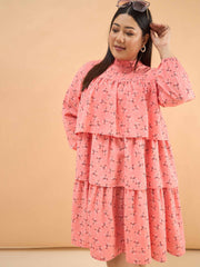 Women Peach Ditsy Floral Pleated Skater Tiered Dress