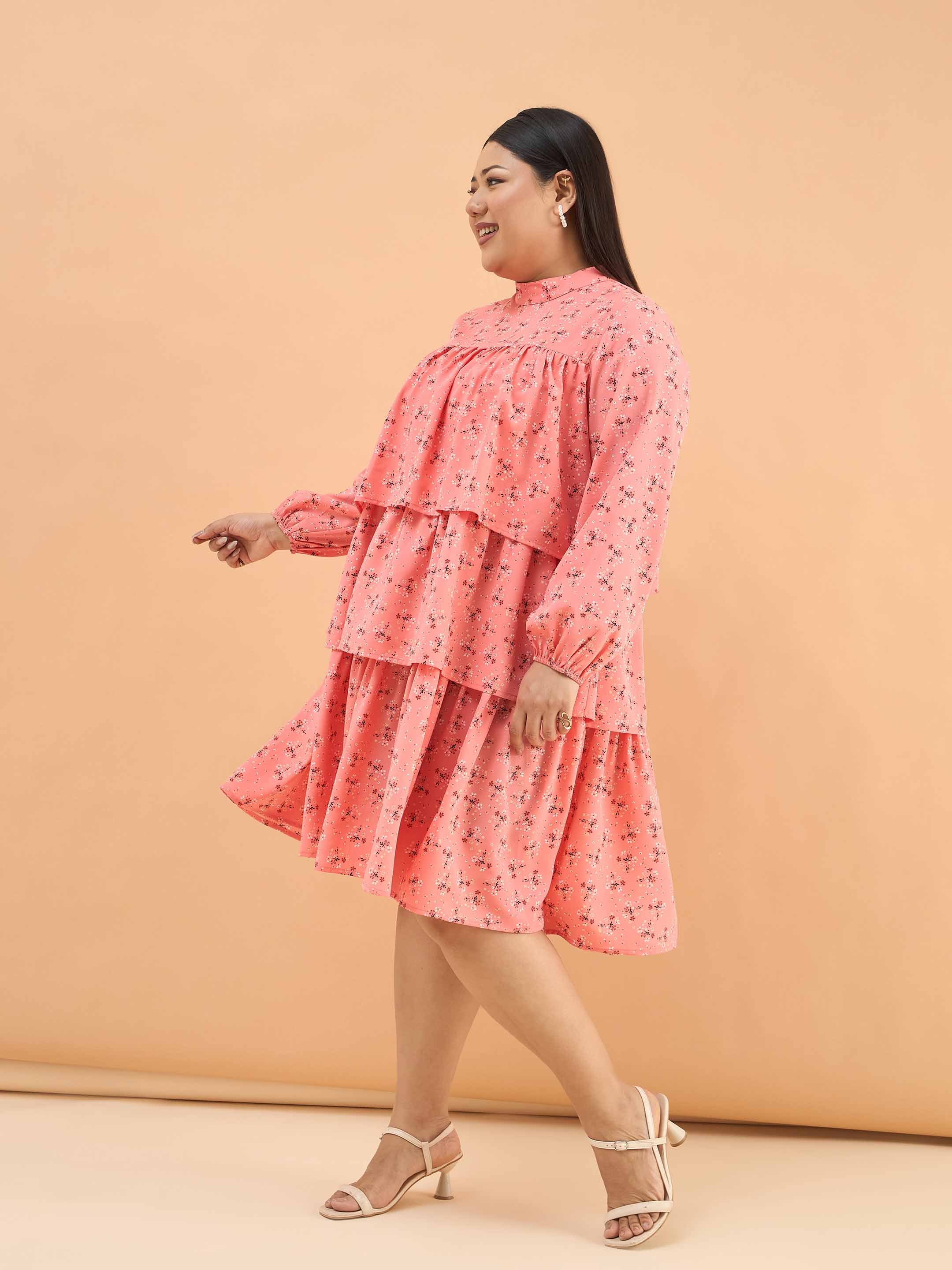 Women Peach Ditsy Floral Pleated Skater Tiered Dress
