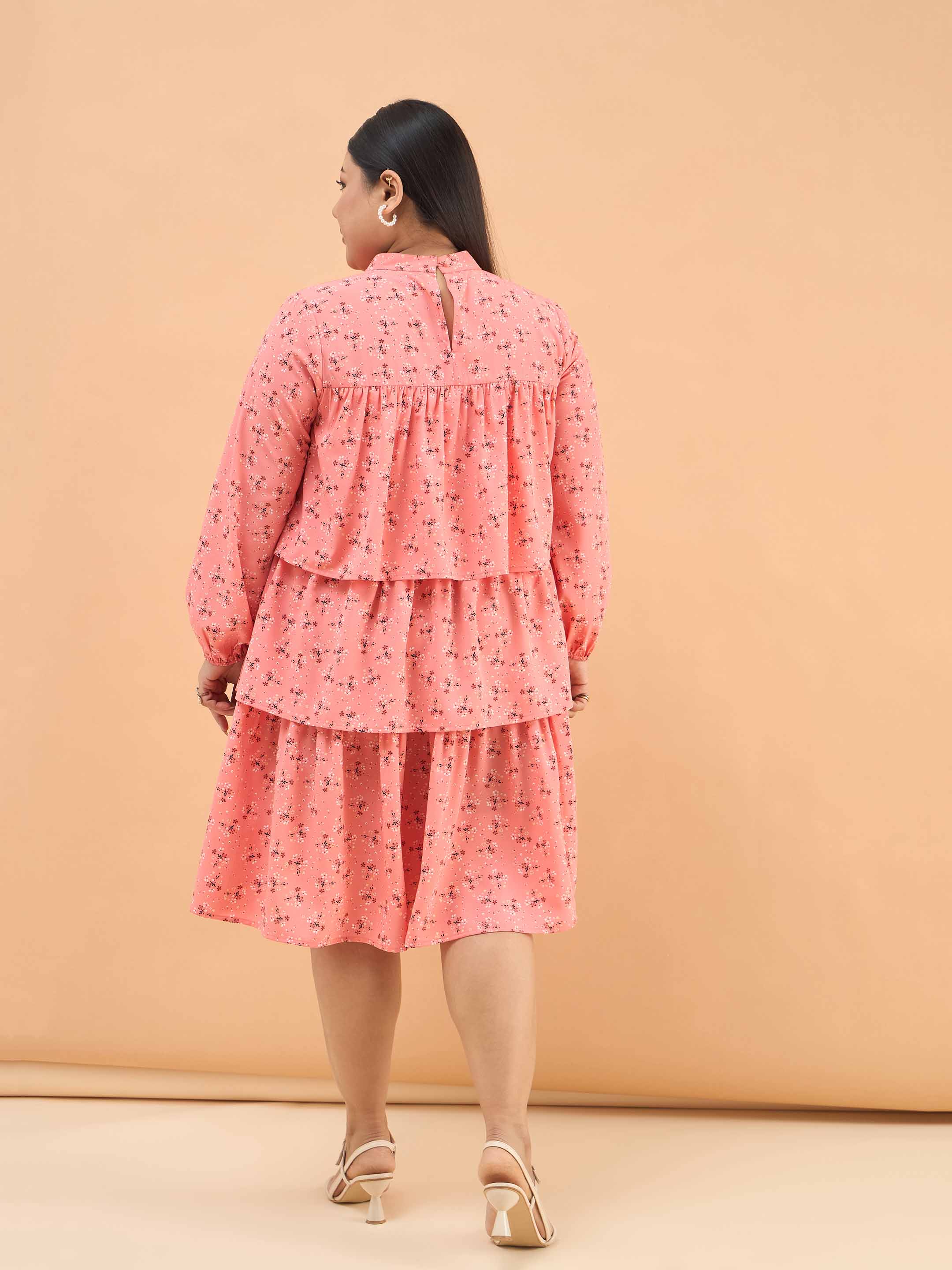 Women Peach Ditsy Floral Pleated Skater Tiered Dress