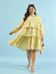 Women Yellow Floral Skater Tiered Dress