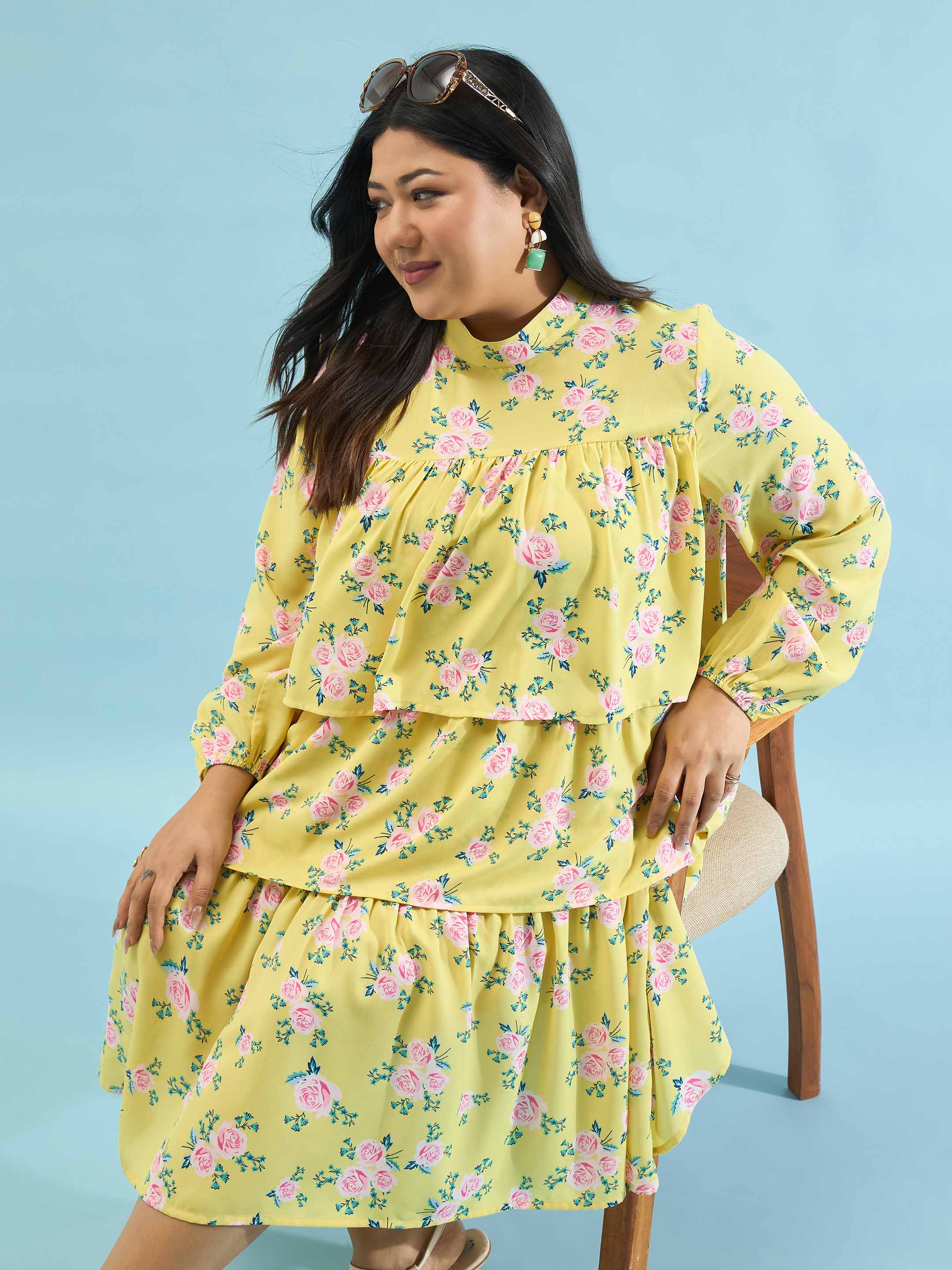 Women Yellow Floral Skater Tiered Dress