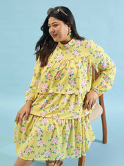 Women Yellow Floral Skater Tiered Dress