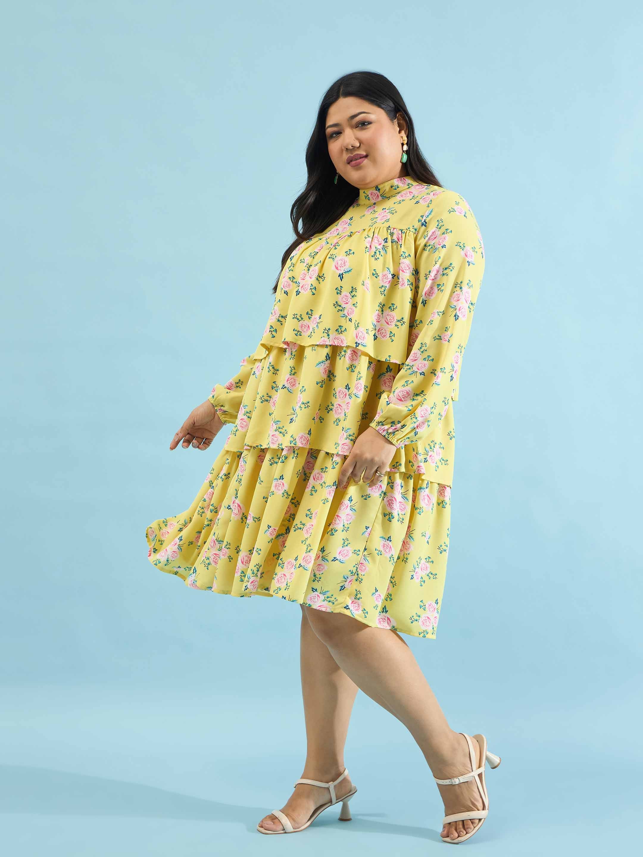 Women Yellow Floral Skater Tiered Dress