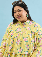 Women Yellow Floral Skater Tiered Dress