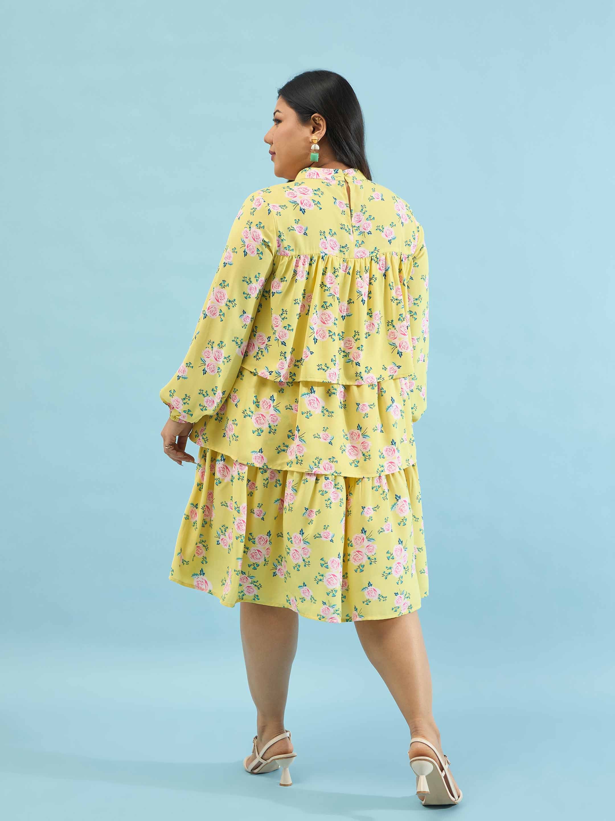 Women Yellow Floral Skater Tiered Dress