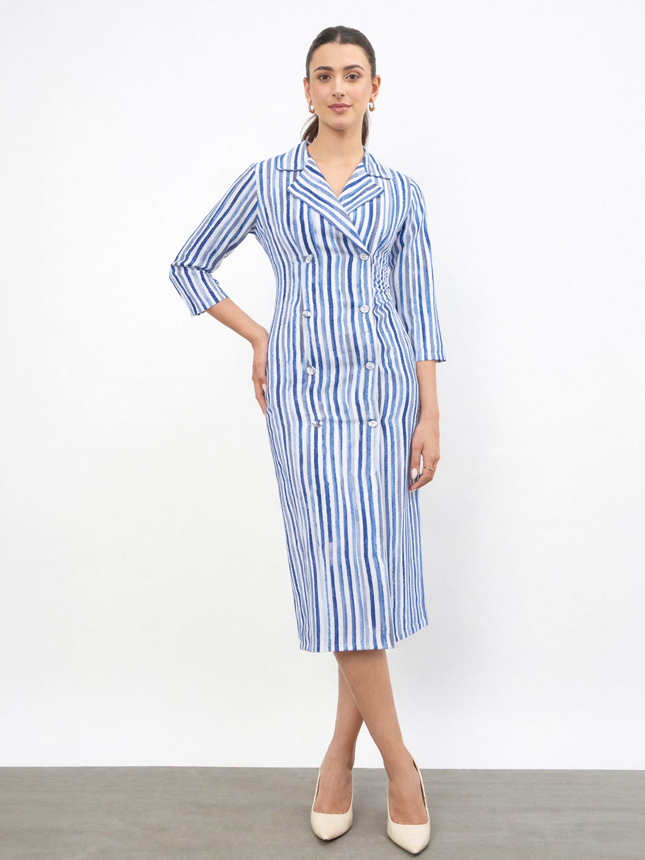 Women Blue Linen Striped Double Breasted Blazer Dress