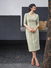 Women Green Linen Striped Double Breasted Blazer Dress