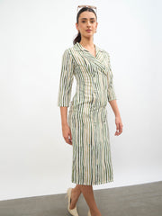 Women Green Linen Striped Double Breasted Blazer Dress