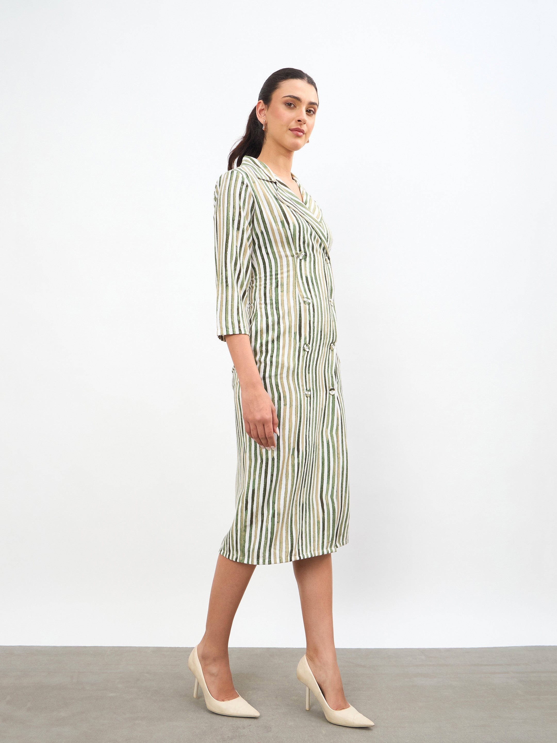 Women Green Linen Striped Double Breasted Blazer Dress