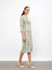 Women Green Linen Striped Double Breasted Blazer Dress