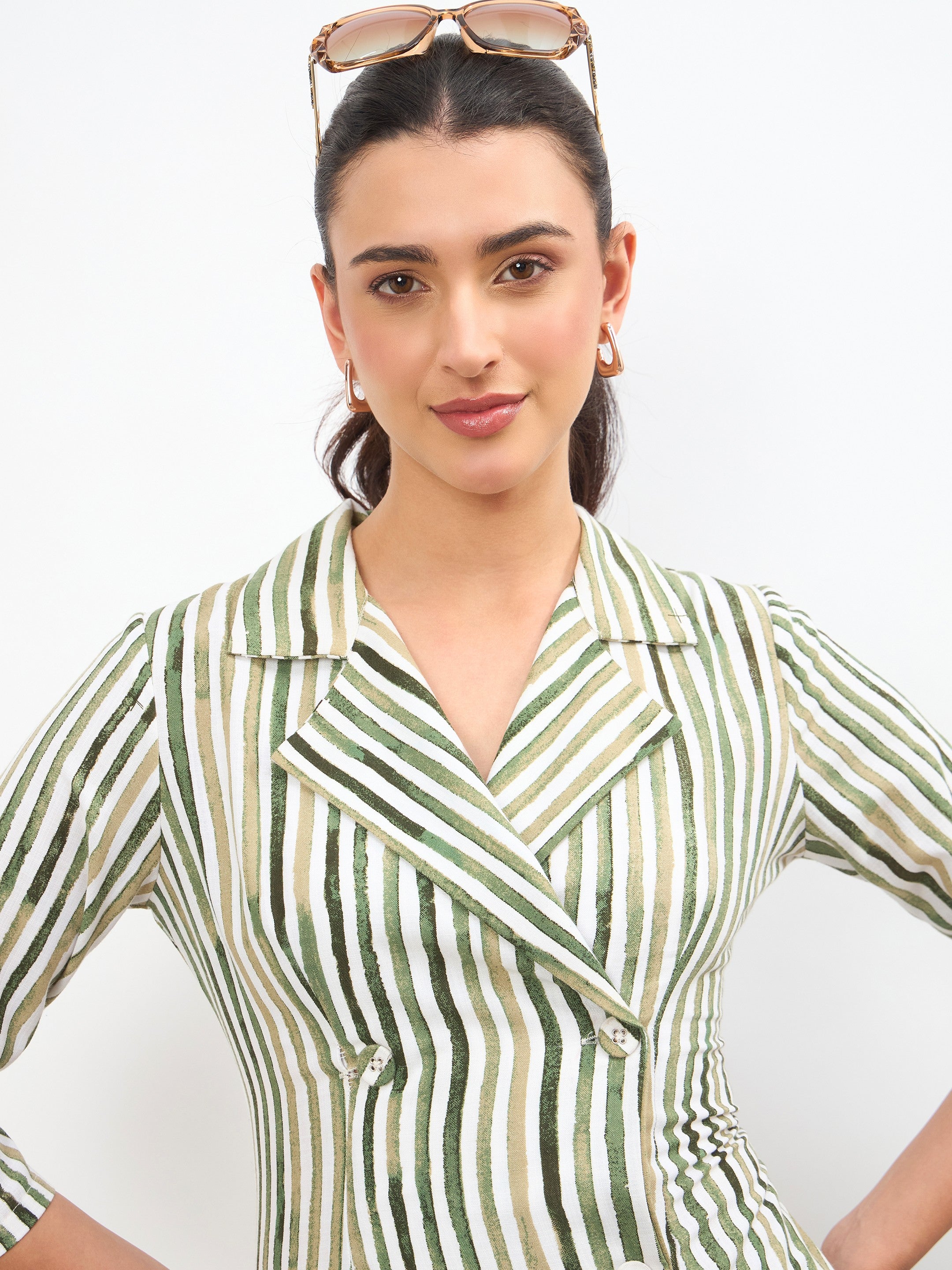 Women Green Linen Striped Double Breasted Blazer Dress